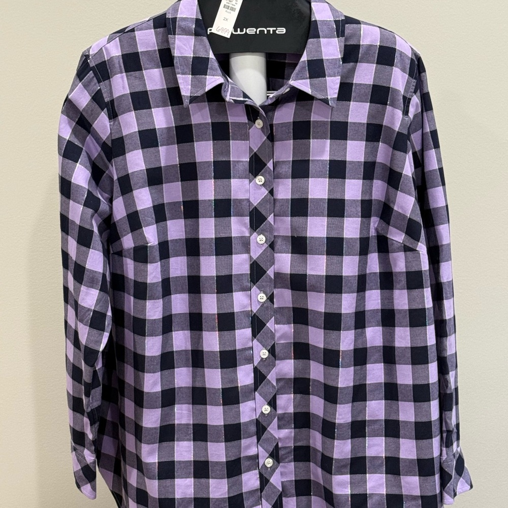 Talbots Purple & Black Buffalo Plaid Button Down. Silver metallic thread 2X NWT